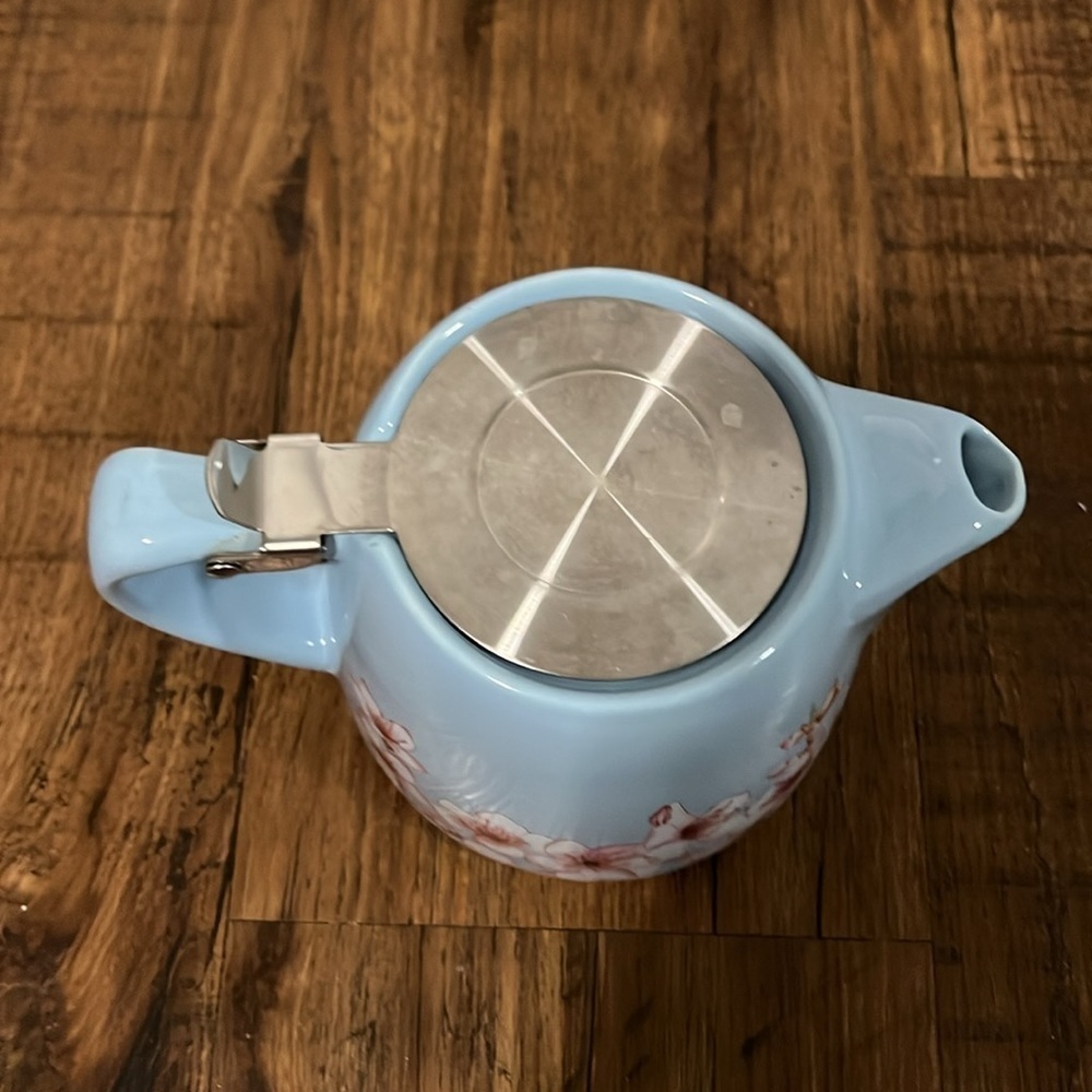 Alfred Ceramic and Stainless Steel Teapot 20 oz Blue Pink Floral Cherry Blossom - Picture 2 of 10
